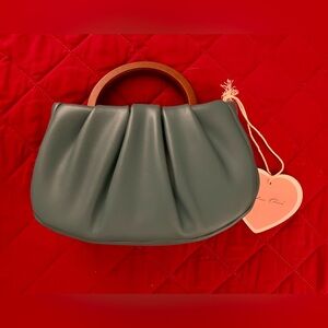 Chic Turqouise Crossbody Bag with Wooden Handle & Crossbody Strap.